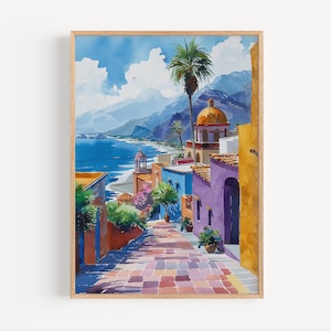Todos Santos Mexico Colorful Watercolor Painting, Mexican Coastal Wall Art Poster Print or Canvas, Latin Seaside Town Travel Home Decor Gift