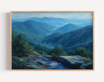 Blue Ridge Mountains Landscape Oil Painting Print, Appalachian Mountains Poster or Canvas, Appalachia Oil Paint Style Wall Art Gift