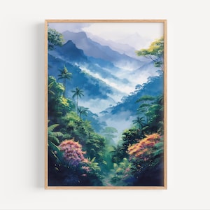Pintura en acuarela del Bosque Nuboso de Monteverde, Costa Rica. Exuberante reserva biológica de Centroamérica. Póster o lienzo impreso. Regalo de viaje.