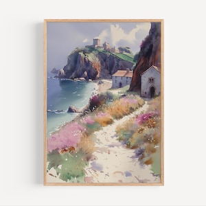 Cornwall England Coastal Cliffs Watercolor Painting, UK Poster Print or Canvas British Travel Artwork Wall Art Gift, Oil Paint Style Seaside