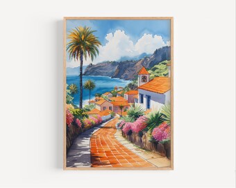 Pintura de acuarela de Funchal Portugal, impresión o lienzo de cartel de viaje portugués, arte de la pared de la isla de Madeira Portugal, regalo de recuerdo de vacaciones