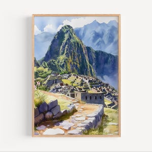 Machu Picchu Aquarell Malerei Peru Poster Druck oder Leinwand Reise Kunstwerk Wand Kunst Geschenk Historisches Heiligtum Gemälde Andenken Historisches