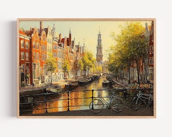 Pintura a óleo da paisagem de Amsterdã, pôster ou tela impressa de Amsterdã, decoração de parede de Amsterdã, Holanda, arte de parede holandesa, presente de viagem à Holanda