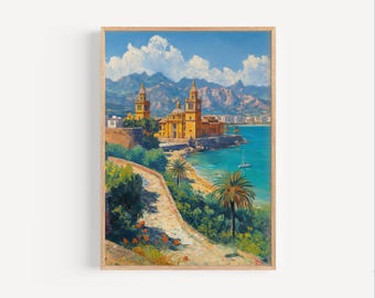 マラガ スペイン 油絵 スペイン海岸 旅行ポスター プリントまたはキャンバスアートワーク 壁アート ギフト 大聖堂 マラガ お土産 油絵スタイル