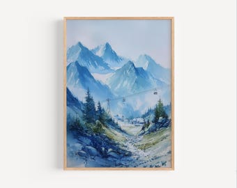 スイスアルプスの水彩画：牧草地の牛の風景画 - Etsy 日本