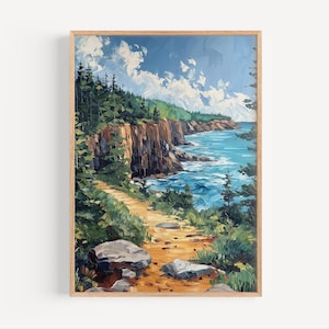 Otter Cliffs Maine Oil Painting, Acadia National Park Poster Print or Canvas Coastal USA Travel Artwork Wall Art Gift Oil Paint Style Nature