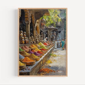 Indian Spice Market Oil Painting, India Bazar Poster or Canvas Print, India Wall Art Gift, India Street Market Oil Paint Style Indian Art