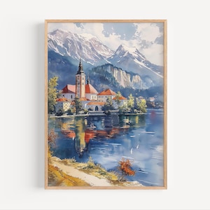 Bleder See Slovenien Aquarell Gemälde, Reiseplakat oder Leinwand Berge Kunstwerk, Wandkunst Geschenk, Europa Souvenir Kunst Geschenk