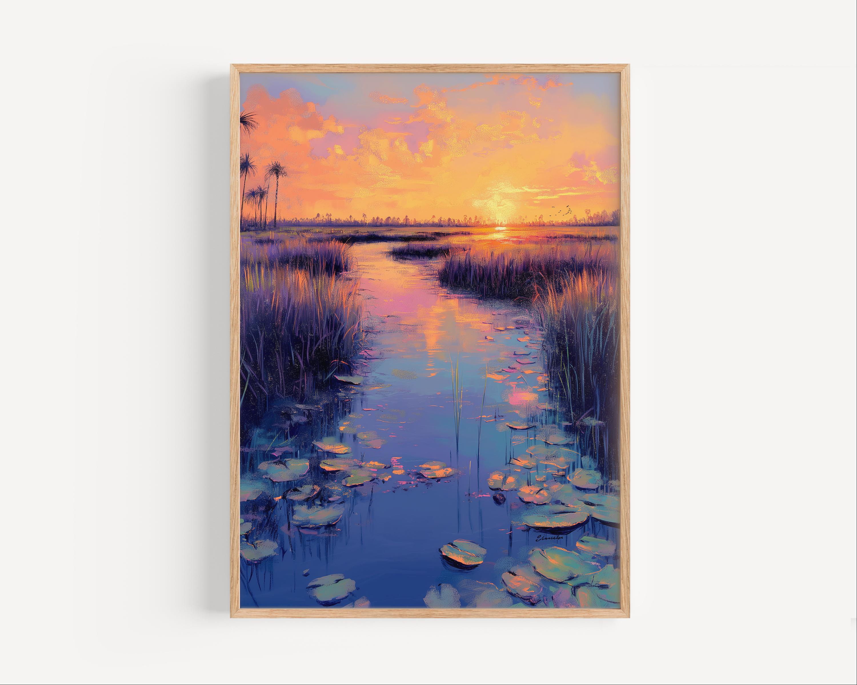フロリダ・エバーグレーズの夕日のパステル油絵、フロリダ運河の