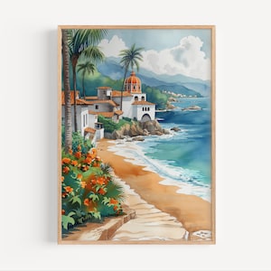 Puerto Vallarta Watercolor Painting, Puerto Vallarta Mexico Travel Poster or Canvas Print, Puerto Vallarta Wall Art Gift, Mexico Beach Print