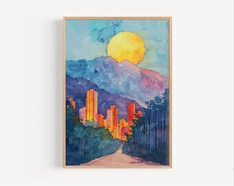 Caracas Venezuela Sunset Watercolor Painting, Wall Art Poster Print or Canvas,  Venezuela Artwork, Abstract Travel Home Decor, Art Gift Idea
