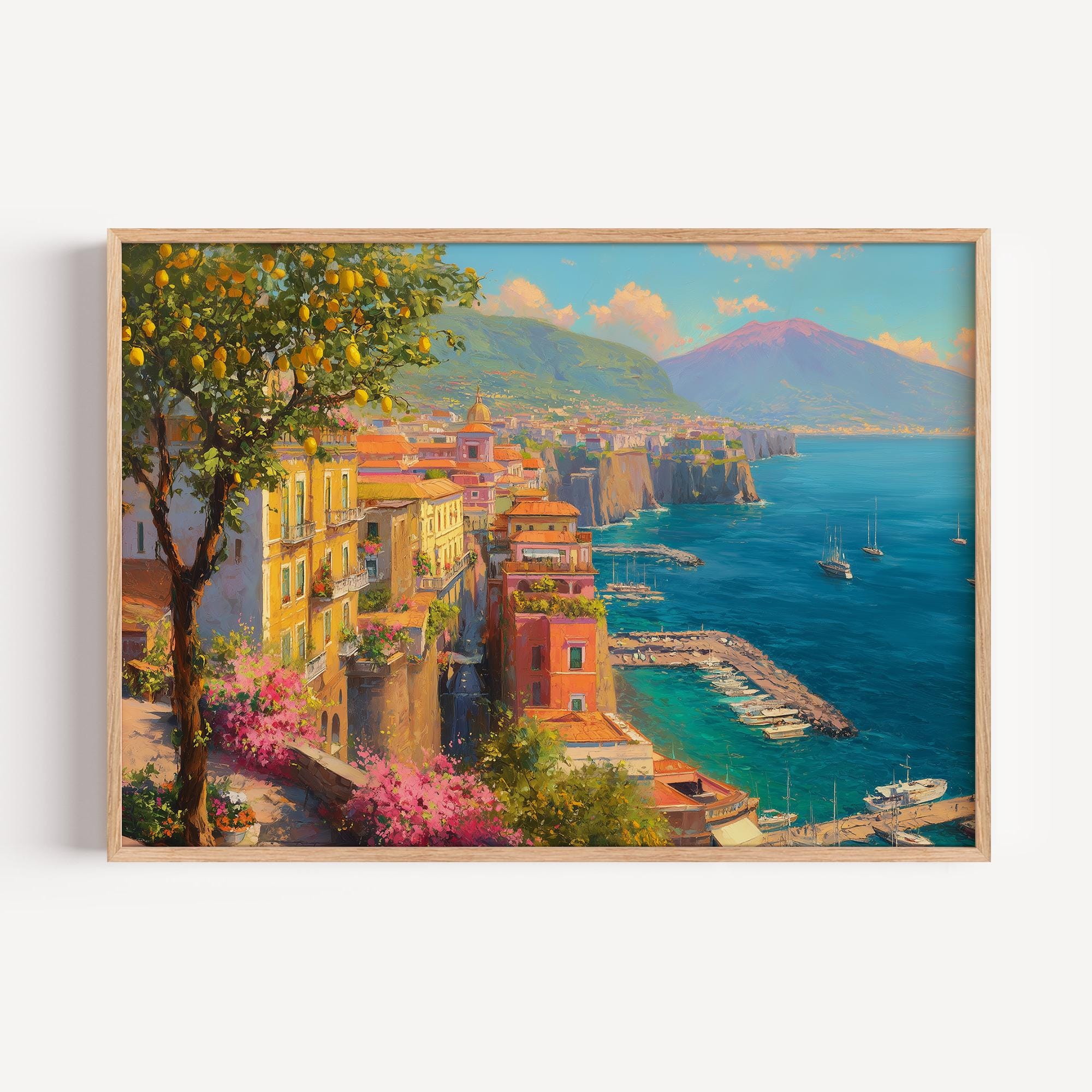 ORIGNIAL Enrico Varriale 夏のアマルフィー港　油彩 Sorrento Italy Landscape Oil Painting Print, Amalfi Coast Lemon