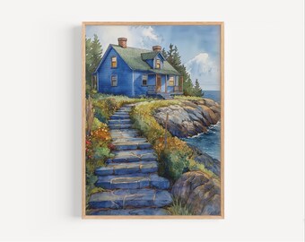Maine Seaside Cottage Watercolor Painting, Oceanside Cottage Poster or Canvas Print, Maine Travel Poster, New England Print, Maritime Cabin