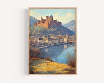 Heidelberg Watercolor Painting, Heidelberg Germany Travel Poster or Canvas Print, Heidelberg Wall Art Gift, Neckar River Print, German Town