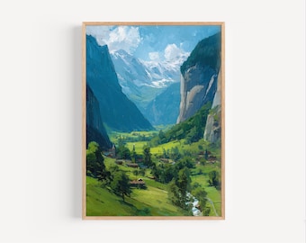 アンティークの山岳湖の油絵、スイスアルプスの風景、署名入り - Etsy 日本
