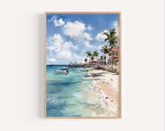 Playa del Carmen Mexico Watercolor Painting Print, Riviera Maya Beach Poster or Canvas Wall Art, Caribbean Coastal Wall Decor