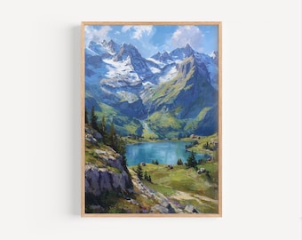 Schweizer Berge Ölgemälde Wand Kunst Druck, Schweizer Alpen Poster oder Leinwand, Schweiz Berge Kunst, Schweizer Reise Öl Malstil Druck