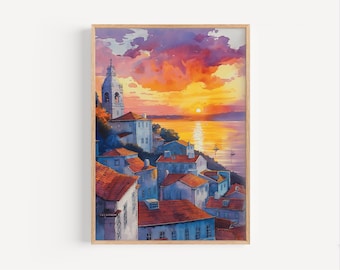 Lisbon Sunset Watercolor Painting, Lisbon Portugal Poster or Canvas Print, Portuguese Travel Art, Lisbon Wall Art Gift, Lisbon Wall Decor