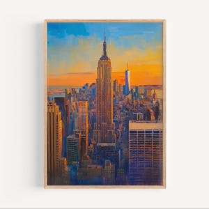 New York City Abstract Oil Painting, NYC Empire State Building Sunset Wall Art Poster Print or Canvas Cityscape Travel Decor City Art Gift