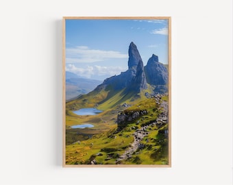 Pintura a óleo detalhada da Ilha de Skye, Escócia; pôster de viagem ou tela decorativa com paisagens rurais e montanhas da ilha escocesa; lembrança do Reino Unido.