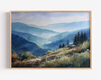Pode incluir: Pintura em aquarela de uma paisagem montanhosa em tons de azul e verde. Uma pequena casa está em uma encosta gramada, cercada por árvores e flores silvestres. A obra de arte é emoldurada em uma moldura de madeira clara.