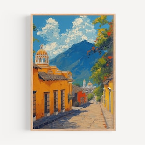 Antigua Guatemala  Oil Painting, Central America Retro Style Wall Art Poster or Canvas Print Oil Paint Style Tropical Mountain Travel Gift