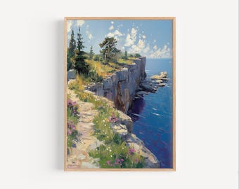 Lake Ontario Shoreline Cliffs Oil Painting, Canada Great Lake Poster Print or Canvas, Lake Ontario Oil Paint Style Wall Art Gift for Wedding