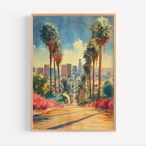 Pintura de acuarela de Los Ángeles, póster o lienzo de arte mural con paisaje urbano de Los Ángeles, palmeras de California, decoración de viaje, horizonte de la costa oeste