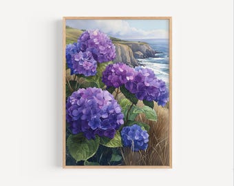Purple Hydrangeas in Maine Watercolor Painting, Acadia National