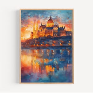 Budapest Hungary Sunset Watercolor Painting Danube River and Hungarian Parliament Building Travel Poster or Canvas Danube River Giclée Print