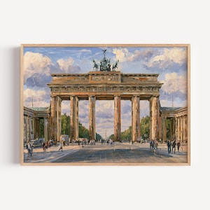 Op de afbeelding: Een olieverfschilderij van de Brandenburger Tor in Berlijn, met de neoklassieke structuur met zijn iconische zuilen en het Quadriga-standbeeld op de top. De scène speelt zich af onder een bewolkte blauwe lucht met mensen op het voorplein.