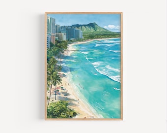 Waikiki Beach Hawaii Watercolor Painting Print, Honolulu Beach Wall Art Poster or Canvas Print, Oʻahu Coastline Travel Gift, Oahu Beach Art