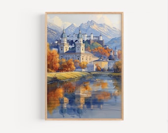 May include: A watercolor painting of a European city with a large church and a river in the foreground. The city is surrounded by mountains and the sky is a light blue. The trees are a mix of green and yellow, suggesting autumn.