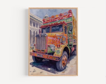 Pakistan vrachtwagen kunst aquarel portret, Pakistan geschilderd vrachtwagen poster print of canvas reizen muur kunst cadeau, Pakistaanse reizen vrachtwagen schilderij