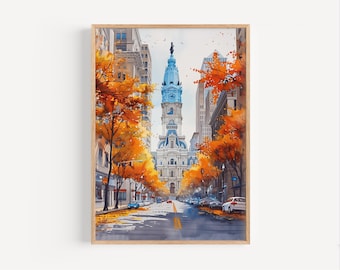 Philadelphia Watercolor Painting Philadelphia City Hall Philly Travel Poster Print or Canvas Artwork Wall Art Gift America USA Souvenir Gift