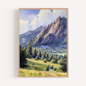 Flatirons Mountains Watercolor Painting, Boulder Colorado Rocky Mountains Travel Poster Print or Canvas, Wall Art Gift, USA Boulder CO Town