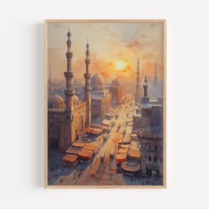 Pintura de acuarela de la puesta del sol en El Cairo, Egipto, póster impreso o lienzo de la calle egipcia, arte de pared de viaje, arquitectura árabe, regalo