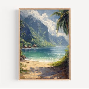 Pintura al óleo de playa y montañas de Tahití, póster de viaje de la Polinesia Francesa, impresión o lienzo para pared, regalo, recuerdo de una isla exuberante, estilo pintura al óleo