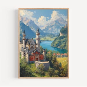 Bavaria Germany Neuschwanstein Castle Oil Painting Southern Germany Europe Mountain Travel Poster Print or Canvas Bavarian Wall Art Gift