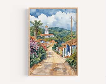 El Salvador Watercolor Town Painting, Village Church Wall Art Poster Print or Canvas, Central America Plantation Travel Decor Gift, Colorful