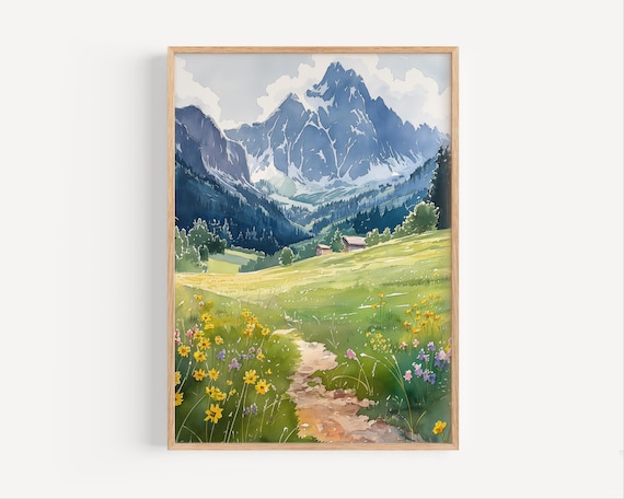 Austrian Alps Watercolor Painting, Central Eastern Alps Wall Art