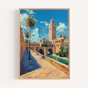 May include: A painting of a mosque in Morocco with a tall minaret and a blue sky. The mosque is surrounded by palm trees and a canal. The painting is done in a realistic style with vibrant colors.