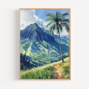 Koʻolau Mountain Range Oahu Hawaii Watercolor Painting Poster Print or Canvas, Travel Tropical Mountains Wall Art Gift,  Oʻahu Jungle Hills