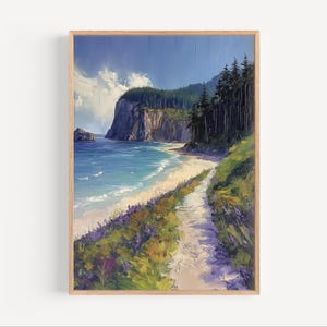 Könnte beinhalten: Ein Gemälde, das eine Küstenlandschaft mit einem Weg zeigt, der durch einen Wald zu einem Strand führt. Der Strand besteht aus weißem Sand und blauem Wasser, im Hintergrund befindet sich eine felsige Klippe. Der Himmel ist blau mit weißen Wolken.