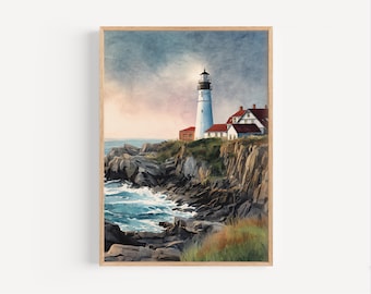 Portland Head Light Lighthouse Watercolor Painting Print, Portland Maine Poster or Canvas, Maine Travel Poster, New England Maritime Art