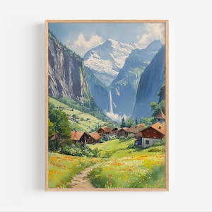 Lauterbrunnen Switzerland Watercolor Painting, Europe Travel Poster Print or Canvas Swiss Countryside Artwork Wall Art Gift Alpine Souvenir