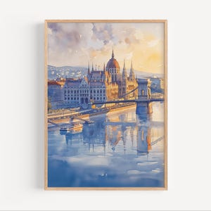 Budapest Hungary Danube River Watercolor Painting, Hungarian Parliament Building Travel Poster or Canvas Giclée Print, Wall Art Gift Decor
