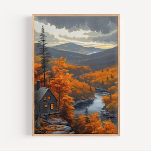 Catsstill Mountains Ölgemälde, Cabin in Catsstill Mountains Reiseposter oder Leinwanddruck, Ölfarbenstil Upstate New York Geschenk Herbstkunst