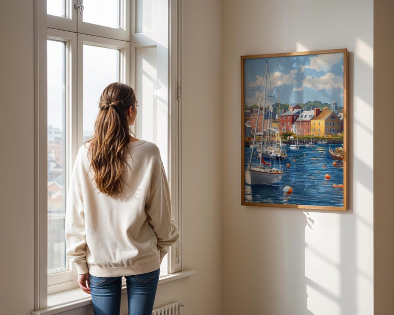 May include: A framed nautical painting depicts a harbor scene with sailboats, buildings, and a blue sea. The artwork is displayed on a wall next to a window. A person wearing a cream-colored sweatshirt and blue jeans is looking out the window.
