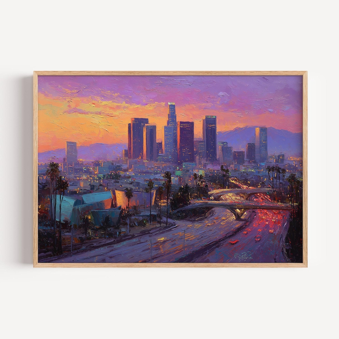 Los Angeles Skyline Sunset Oil Painting Print, LA Poster or Canvas ...